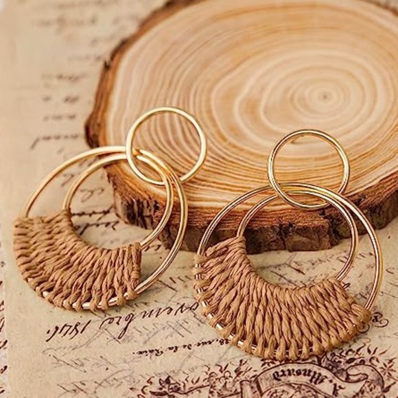 Tan Woven Raffia Gold Hoop Earrings Wicker Hoops Links Post Summer Rattan Style - Picture 7 of 7